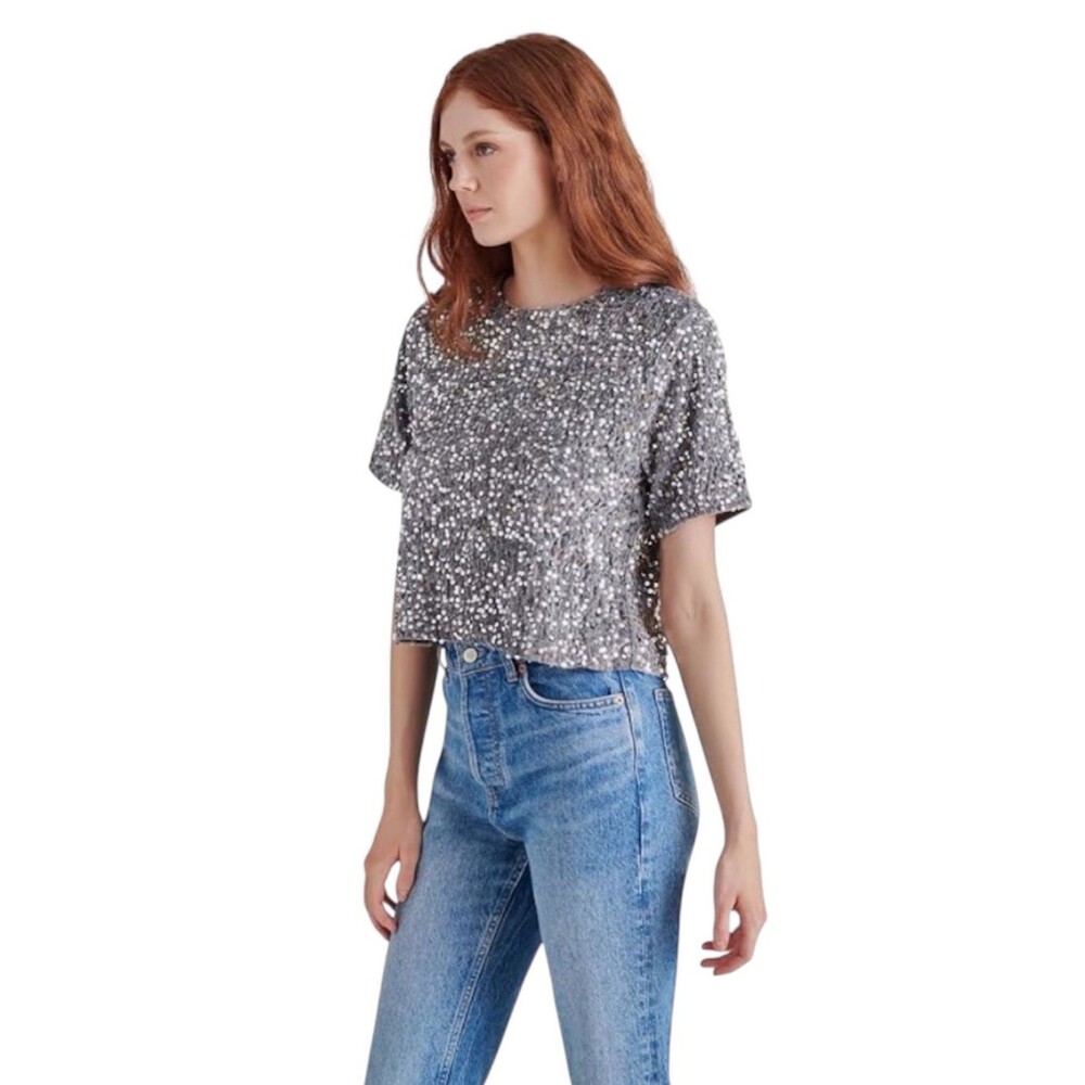 Steve Madden Grey Silver Sequin Short Sleeve Top, Women's Large, NWT